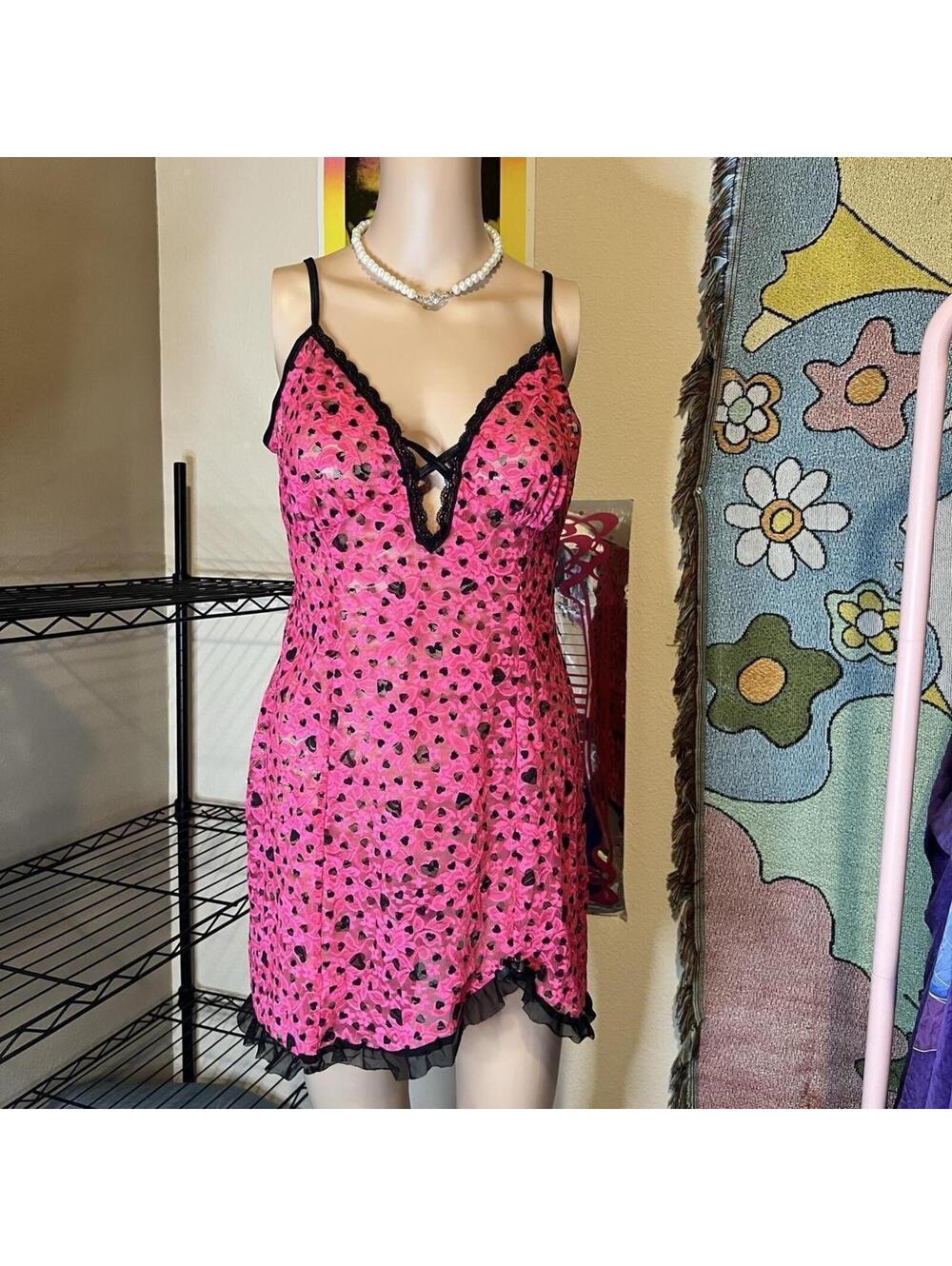 Vintage Y2K Lace Heart Print Lingerie Mini Dress
